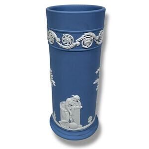 Vintage Wedgwood Jasperware Spill Vase Blue White Urania Clio Neoclassical 6.5"